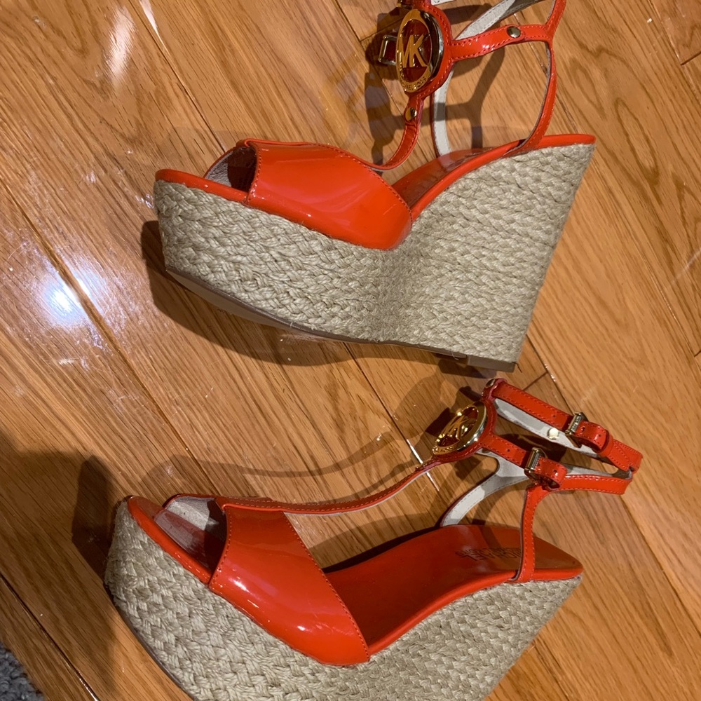 Michael Kors orange wedge sandals with ankle strap